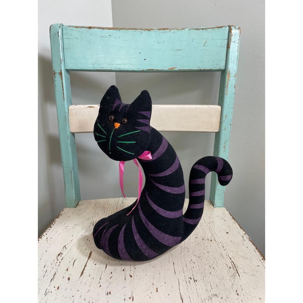 Halloween Cat Doorstop Shelf Sitter Black Purple Stripes Fabric Weighted 11.5"